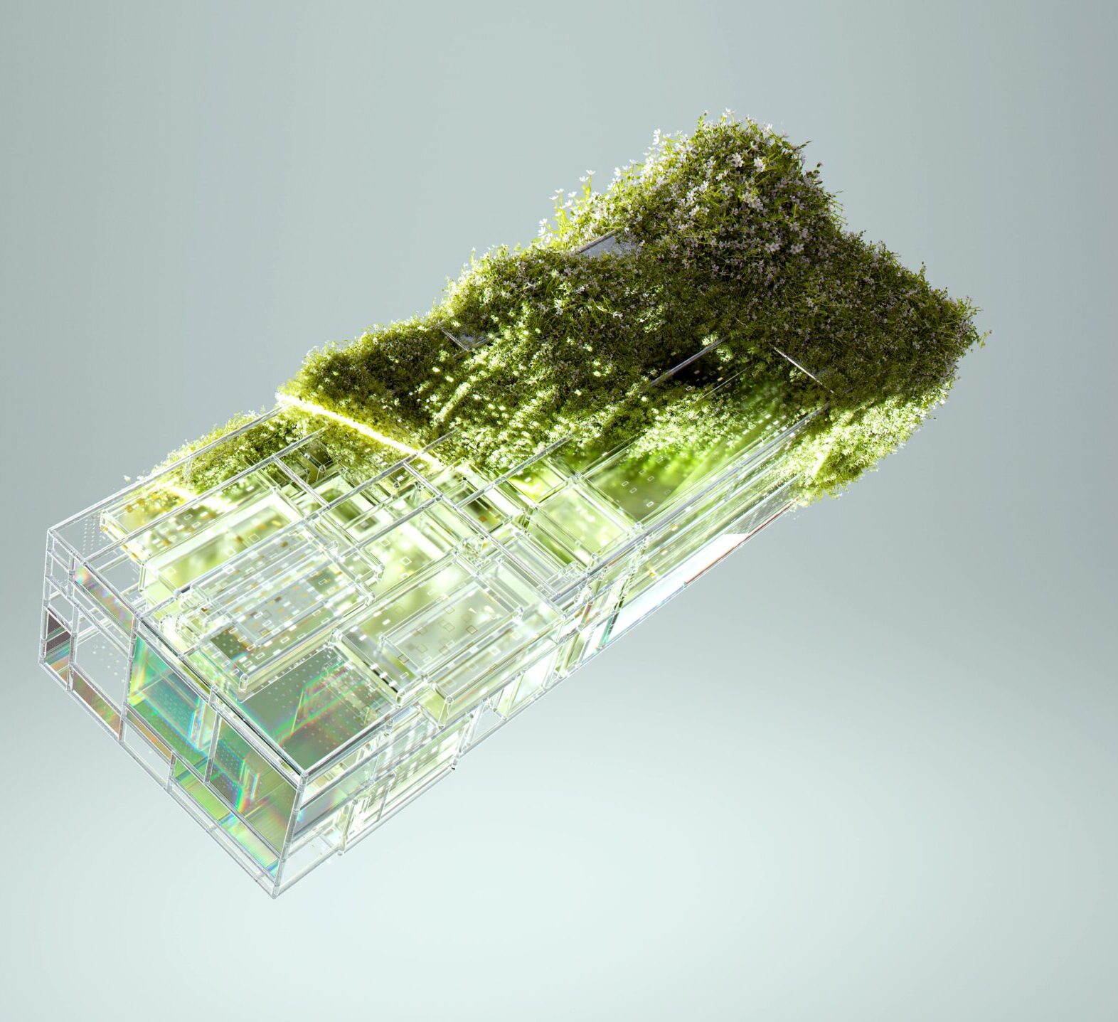 3D render of a glass structure with embedded greenery, symbolizing sustainable technology integration.